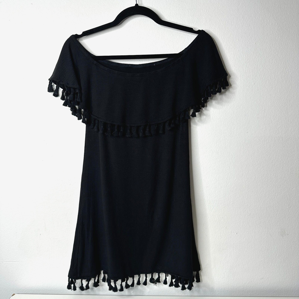 Revolve EastNWest Black Cabo Ribbed Tassel Hem Detail Off-Shoulder Mini Small